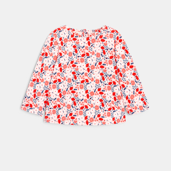 تي شيرت قطن واسع مضلع بطبعة الزهور باللون الوردي للفتيات الصغيرات